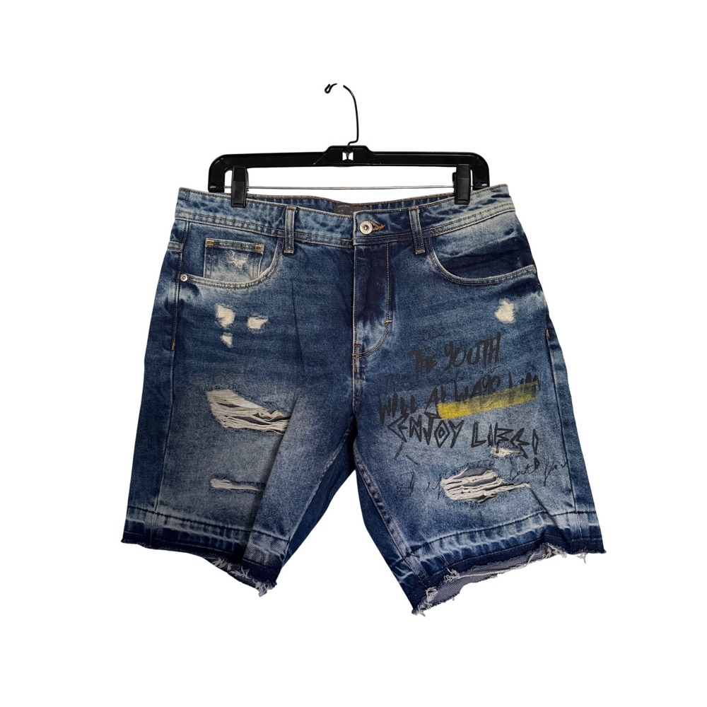 Zara Man Distressed Denim Shorts Blue Graffiti Lightning Bolt Size 31 5862/403